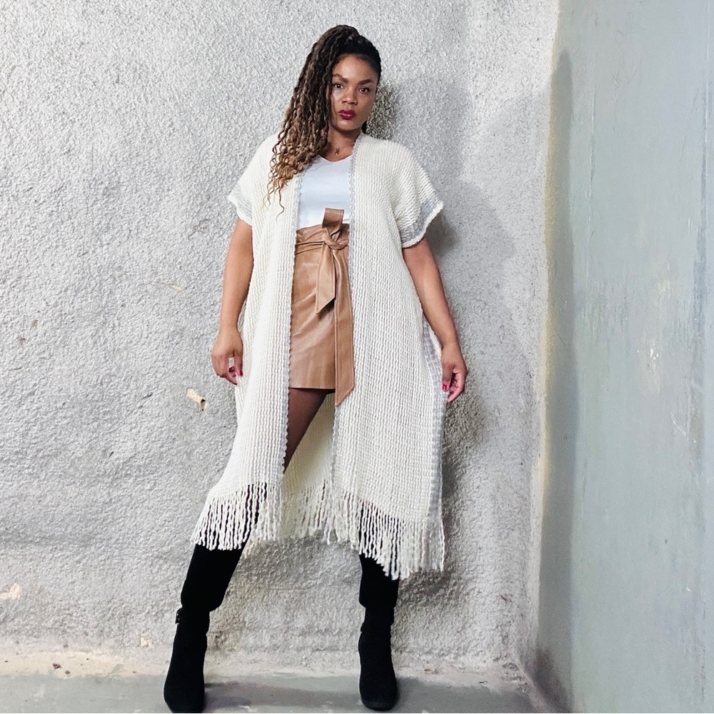 Cable Knit Midi Open Cardigan Sweater, One Size